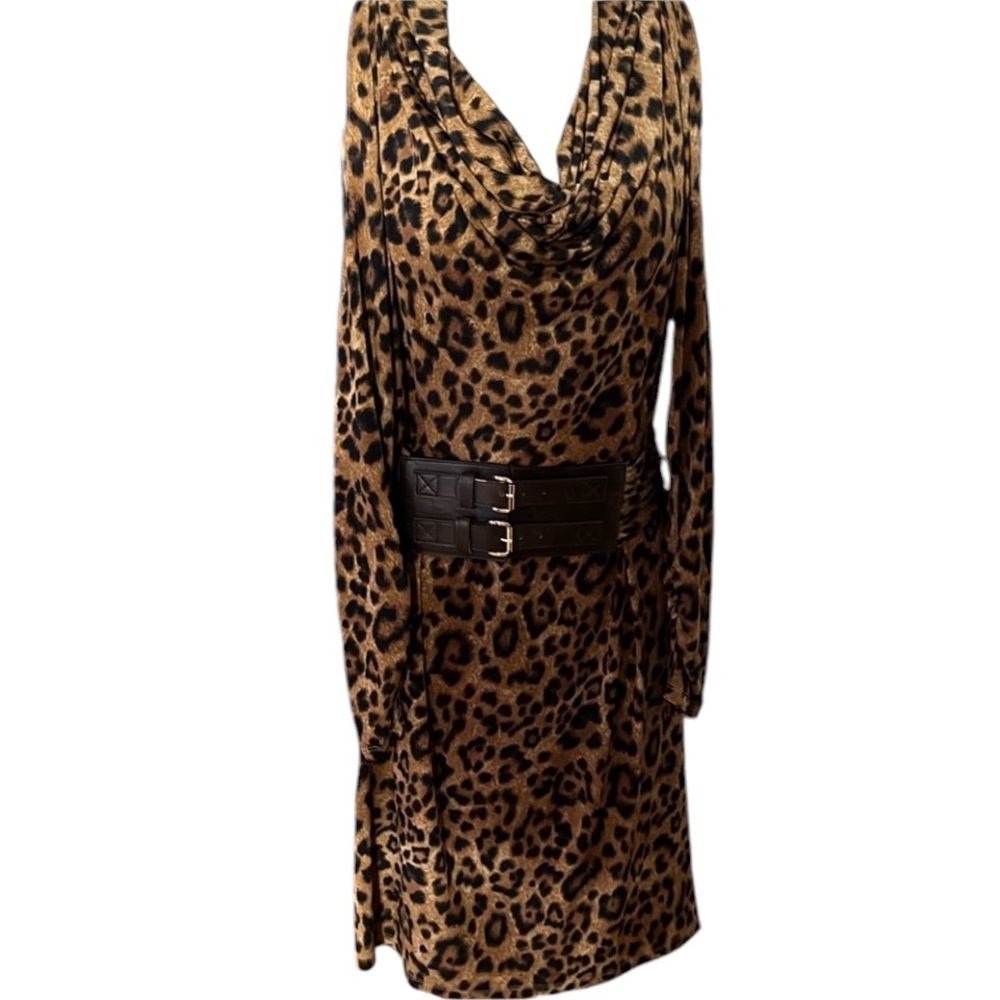 Micheal Kors medium animal print dress draped neckline cold shoulder